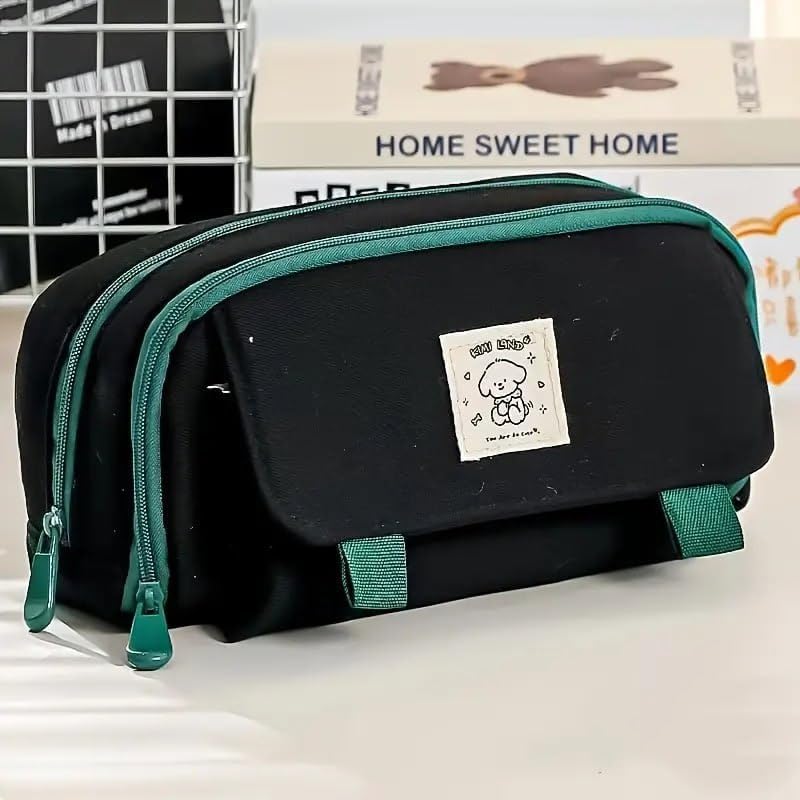 Image of Canvas School Bag Pencil Case, 3 Layer 6 Compartment Large Capacity, Aesthetic Pencil Pouch for Stationary, Cute Stationery for Kids, Pencil Case for Girls & Boys (Green+Black)