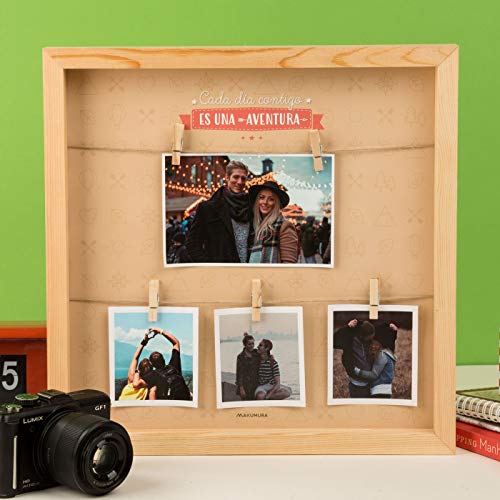 Hanselhome Marco de Foto con Pinza Y Frase 3D con Profundidad Caja Madera Portafotos Regalo para Familias Y Amigos - Cada Día Contigo Es Una Aventura