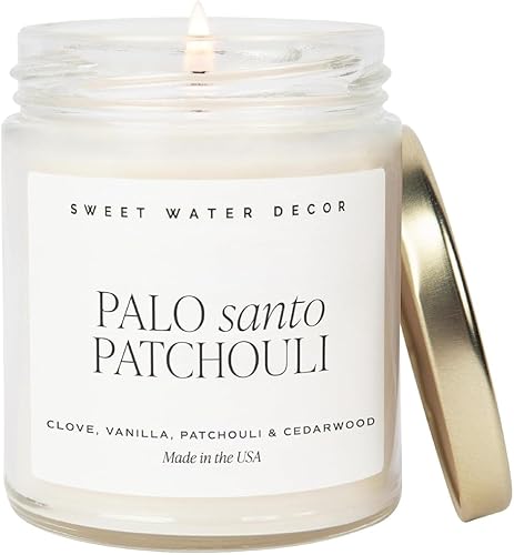 Sweet Water Decor Palo Santo Patchouli Soy Candle  Gold Pepper, Clove Leaf, Nutmeg and Lavender Scented Candles for Home  9oz Clear Jar + Gold Lid,