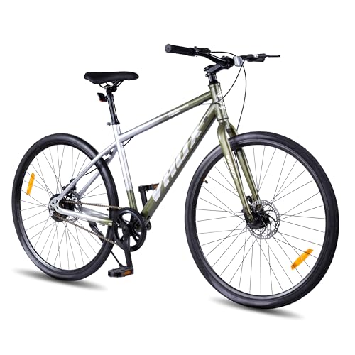 Image of Vaux City-Pro Hybrid Cycle for Men, 19 Inch HI-Ten Steel Frame, Dual Disc Brake, 700x35C Tyres, Double-Wall Alloy Rims, City Bike(Silver-Green, Single Speed, Rigid Fork)