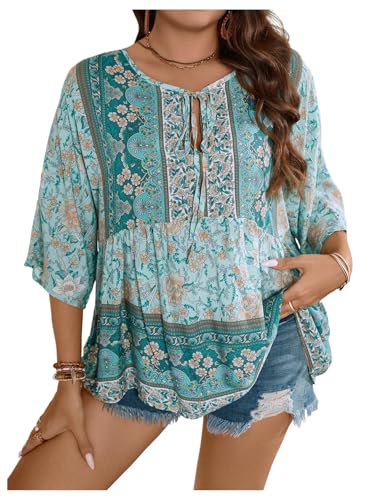 WDIRARA Women's Plus Size Boho Floral Print Ruffle Hem Blouse Tie Front 3/4 Sleeve Peplum Top