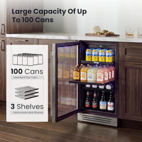 Image of Yeego 15 Inch Beverage Refrigerator, Beverage Cooler Stainless Steel Refrigerator Built-in or Freestanding, Small Wine Fridge with Glass Door, Drink Fridge for Beer, Soda, Wine (Left-Hinged)