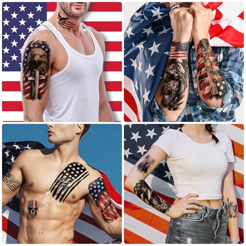 Image of 77 Sheets Independence Day Temporary Tattoos, USA Flag Patriotic Waterproof Fake Tattoos, Red White and Blue Party Supplies Tattoo for 4th of July Memorial Day, Veterans Day Tattoos