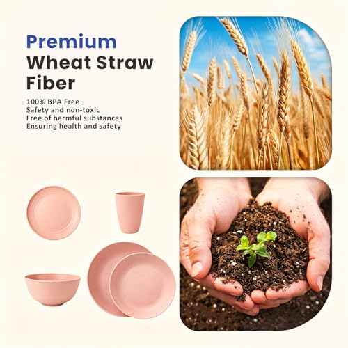 Image of Homienly 40 PCS Premium Wheat Straw Dinnerware Sets, Unbreakable Dishes Set for Party, Resuable Plates Set,Service for 8,Microwave and Dishwasher Safe Cups and Bowls Set for Camping, RV(Pink)