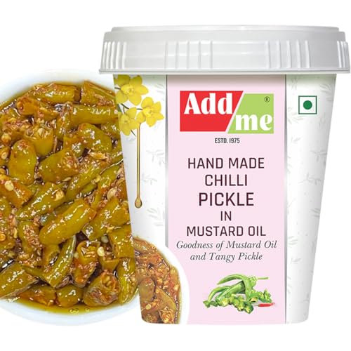 Image of Add Me Hand Made Chilli Pickle 500 g in Mustard Oil | kati hari mirchi ka achar Green Chili Mirch Pickles 500gm