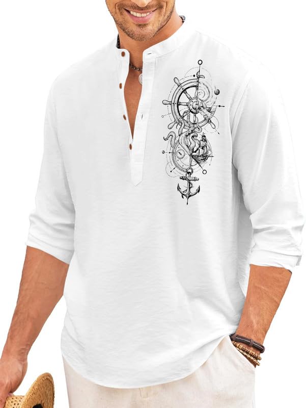 dapperfield Men’s Cotton Blend Henley Style Kurta T-Shirt with Printed Nautical Graphic | Full Sleeve Casual Wear Top for Daily & Holiday Use-picture-37