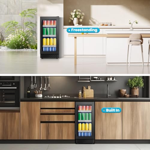 Image of 15 Inch Black Beverage Refrigerator, 130 Cans Beverage Cooler Under Counter,Freestanding 37-65F Mini Beverage Fridge with Glass Door& Stainless Steel Shelves