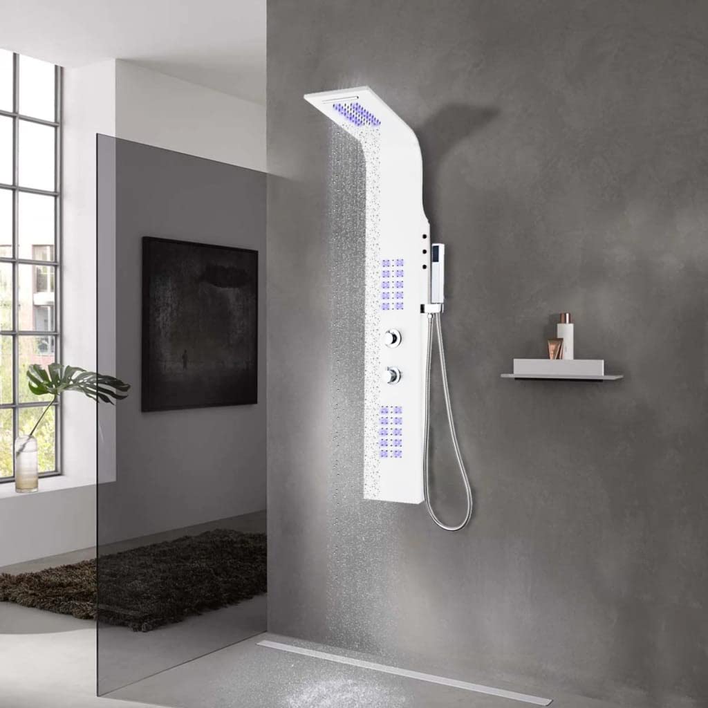 Panel de ducha de aluminio blanco con iluminación LED, sistema de ducha con ducha de lluvia, cascada, ducha de mano y chorros de masaje, columna de ducha Wellness para cuarto de baño, 20 x 44 x 130 cm