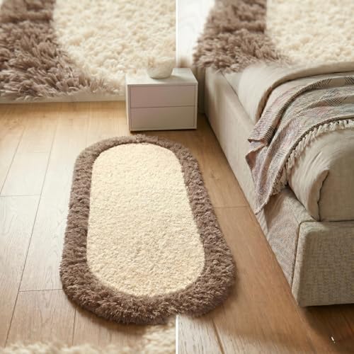 Image of Shaggy Runner, Polyester Rug, Hallway Carpet, Bedside Runner, Plush Area Rug, high Pile Rug, 2 inch Pile, Fluffy Floor mat. - (1.5x4 feet, Ivory /Beige, Oval)