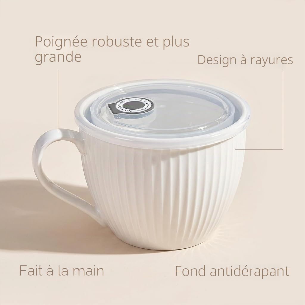 Tasse à soupe en céramique avec couvercle, 1 grand bol à bouillie et à céréales, passe au micro-ondes avec poignées pour ramen, porridge, préparation des repas, petit déjeuner, cadeau idéal pour