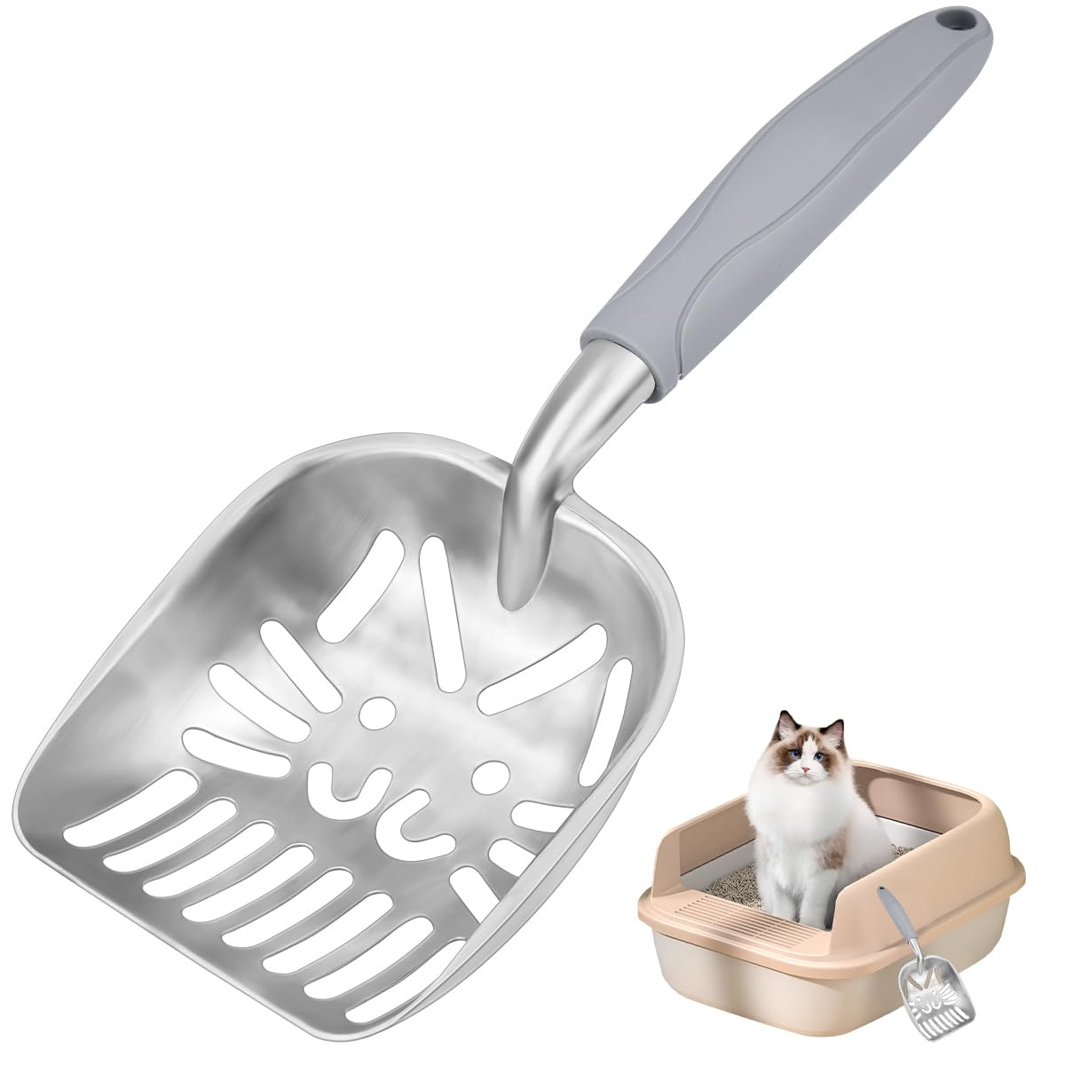 YBCCBY Metal Cat Litter Scoop Aluminum Cat Litter Shovel Non-Stick Cat Litter Sifter Reptile Sand Scoop Shovel Sifter with Ergonomic Long Handle and Large Holes Slot Durable and Easy To Clean Grey