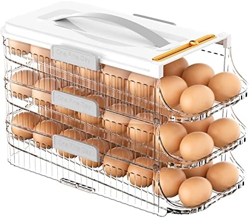 Egg Holder for Refrigerator 3 Layer Egg Storage Container with Handle Rolling Egg Organizer for Refrigerator Egg Dispenser Clear Egg Tray Stackable Fridge Organizer Bins Egg Storage Box Egg Cartons