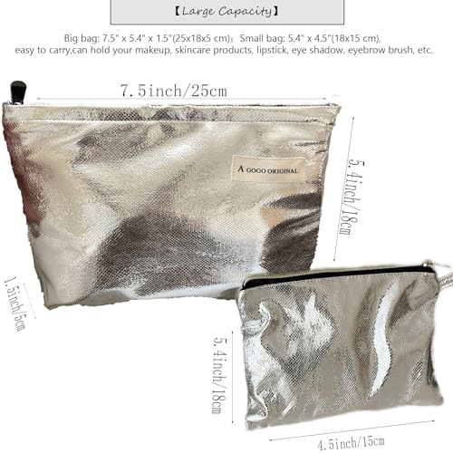 2 Pcs Makeup Bag for Women Large Capacity PU Cosmetic Bag Set Travel Toiletry Bag Silver Glitter Cute Makeup Pouch for Purse Portable Organizer Travel Accessories2