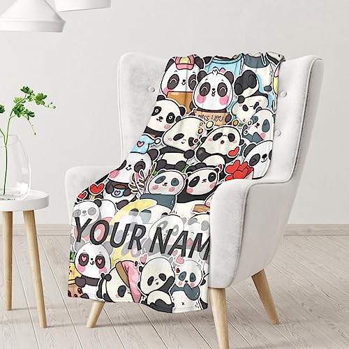 Personalized Panda Blanket Gifts with Name - 30"x40" Cute Throw Blanket for Kids, Adults - Black Soft Fuzzy Blankets for Couch & Sofa
