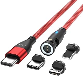 P-TECHUK Rotating 60W PD Super Fast Magnetic Charging Data Cable compatible with all Micro Usb, Type C & iProduct Devices. A18 (2M Cable) Red, Cable + Mixed Tips (Micro, Type C, iProduct)