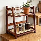 Küchen Organizer 2 Tiers Bambus Nachahmung Rattanweberei Deko Küche, Tassenregal Holz, Matcha Regal, Tassenregal für Küche, Tee, Kaffee, Bar, Tassen-Display, Gewürz (Dunkelbraun 28.5×17.5×26.5cm)