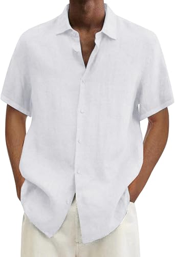 Cotton Linen Shirts for Men Short Sleeve Button Down Casual Shirts Oversized Lightweight Summer Beach Vacation Tops