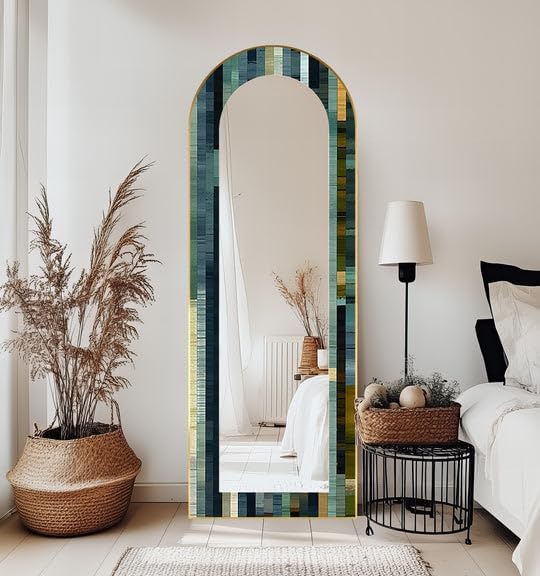 23,5’’W x 67’’H Deep Blue & Olive Linear - Mosaic Floor Mirror Arched Full Lenght Mirror - Arch Full Body Stained Floor Mirror with Black Frame with Gold Frame