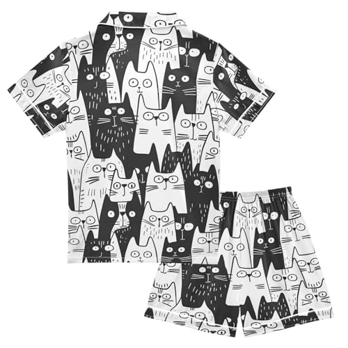 ALAZA Cat Kitten Black White Pajamas Satin Pajama Set Short Sleeve Button Down Sleepwear2