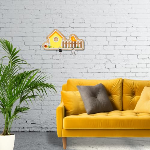 Image of Wooden Birdhouse Wall Mount Key Hanger for Home Office Decorative Wall Mounted Stylish Key Hanger for Home Decor (V-House Keyholder Yellow)