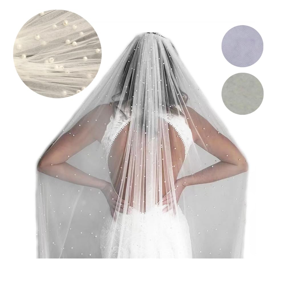 Voile de mariée avec perles blanc/ivoire - Voile de mariage - 1 couche de tulle souple - Avec peigne en métal - Élégent - Église - Long voile de perles - Accessoire de cheveux pour femme -