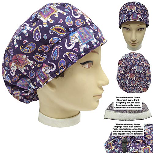 Gorro quirofano mujer ELEFANTES HINDUES Pelo Largo con Toalla absorbente en la frente y ajustable facil con goma y tensor