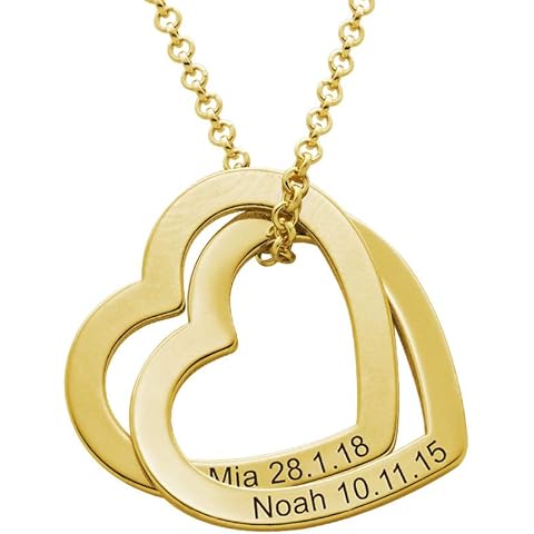OAK&LUNA - Personalized Love Locked Hearts Necklace with Names - Custom Engraved Couple Name Inscription - Two Interlocking Heart Pendant - Jewelry Gift for Women Wife Her
