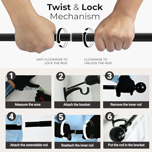 Image of Deco Window 44 inch-120 inch Adjustable Rustproof Curtain Rod for Doors & Windows with Brackets, Extendable Iron Metal Pipe Holder with Ball with Acrylic Bush Finials, Black, 25MM Diameter