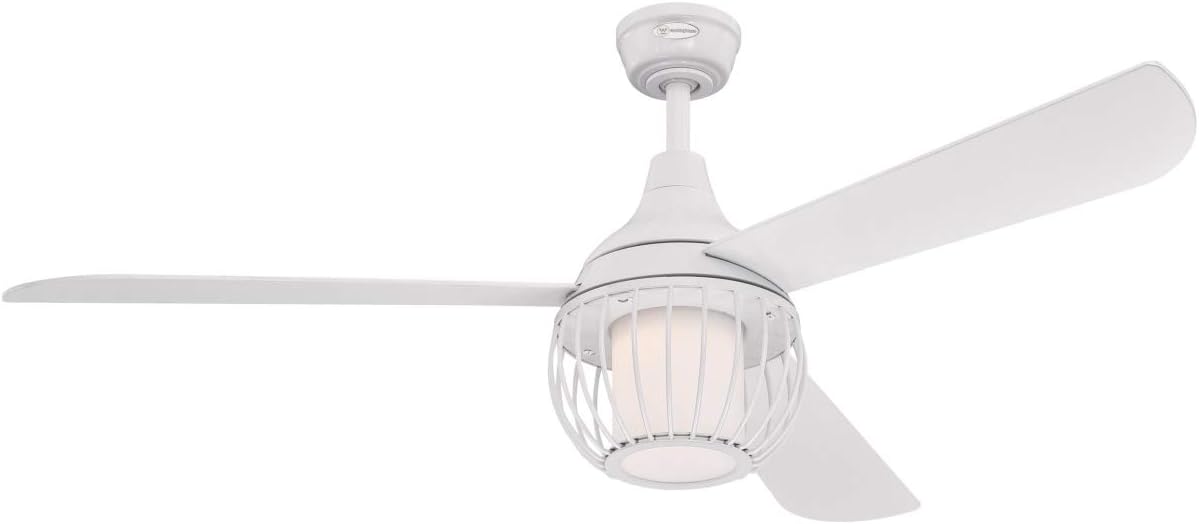 Westinghouse Lighting 72207 Ventilatori da soffitto Bianco Graham da 132 cm, Kit di Luce LED dimmerabile con Vetro Opale smarigliato, Paralume a Gabbia, Telecomando Incluso 54 W, 7220740