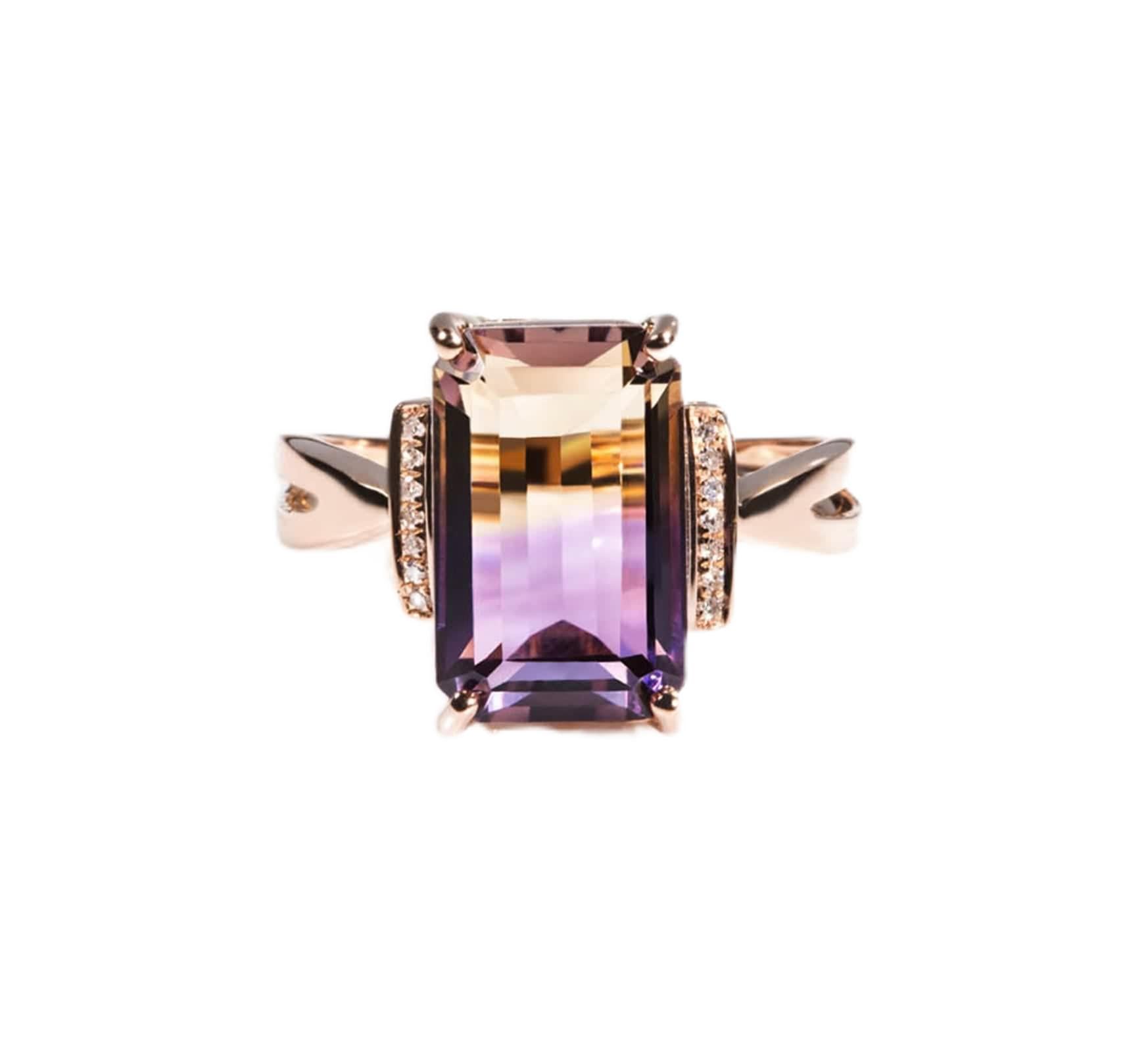 Sortijas de Oro Mujer 18K, Anillos de Mujer de Compromiso Ametrino Rectángulo Oro Rosa 18 Kilates con Certificado