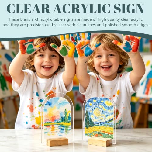 Image of Bercoor 20 Pack 5x7 Inch Blank Clear Arch Acrylic Sign with Wooden Stands, Arched Round Top Acrylic Sheet, DIY Acrylic Arch Table Numbers for DIY Name Card Gifts Event Party Sign Decoration