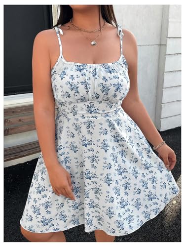 Image of Floerns Women's Plus Size Boho Floral Milkmaid Bow Tie Ruched Cami Summer Holiday Flowy Mini Dress