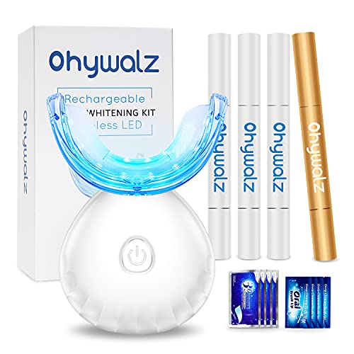 Ohywalz Teeth Whitening Kit with LED Light for Sensitive Teeth,Â Â (3)3ml Teeth Whitening Gel Pens, (1)Extra-Strength Gel, (4)Teeth Whitening Strips, (4)Deep Cleaning Teeth Wipe, and Mouth Tray (White)