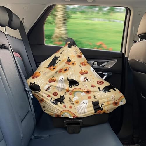 Image of Wanyint Infant Car Seat Cover for Babies, Boys Girls Carseat Canopy Baby Breastfeeding Stroller High Chair Shopping Cart Cover Halloween Decor, Black Cat Skull Ghost Pumpkin Rainbow