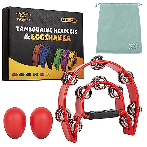 Glory Double Row Tambourine, Half Moon Double Row Metal Jingles Hand Held Instruments Percussion with Handle Grip, Tambourines for Adults, Party,Gift,Red