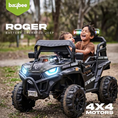 Image of Baybee Roger Electric Jeep for Kids with Parental Control | Baby Battery Operated Ride On Toy Car with 4x4 Motor, RGB Lights, Music & Swing Mode | Rechargeable Battery Car for Kids 2-6 Years (Black)