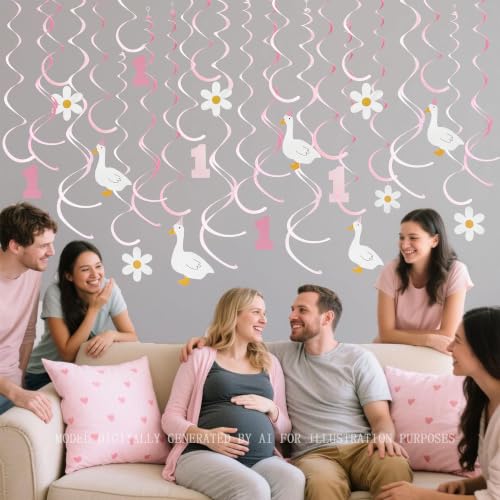 Image of 24Pcs Pink One Silly Goose Hanging Swirl Decorations Daisy Felt Swirl Streamer Spiral Ceiling Garland for Silly Goose Themed First Birthday Happy 1st Birthday Party Supplies