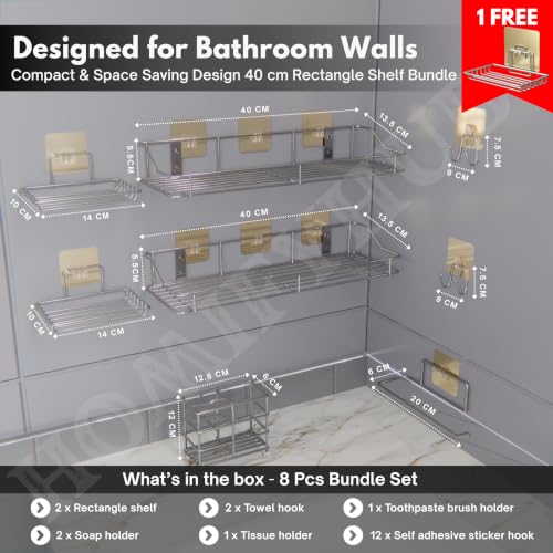 Image of 8 Pcs Bathroom Organiser Without Drill | Self Adhesive Wall Shelf Organizer & Soap Stand for Kitchen Bathroom | Toothbrush & Shampoo Holder Wall Shelf Stand (Silver)