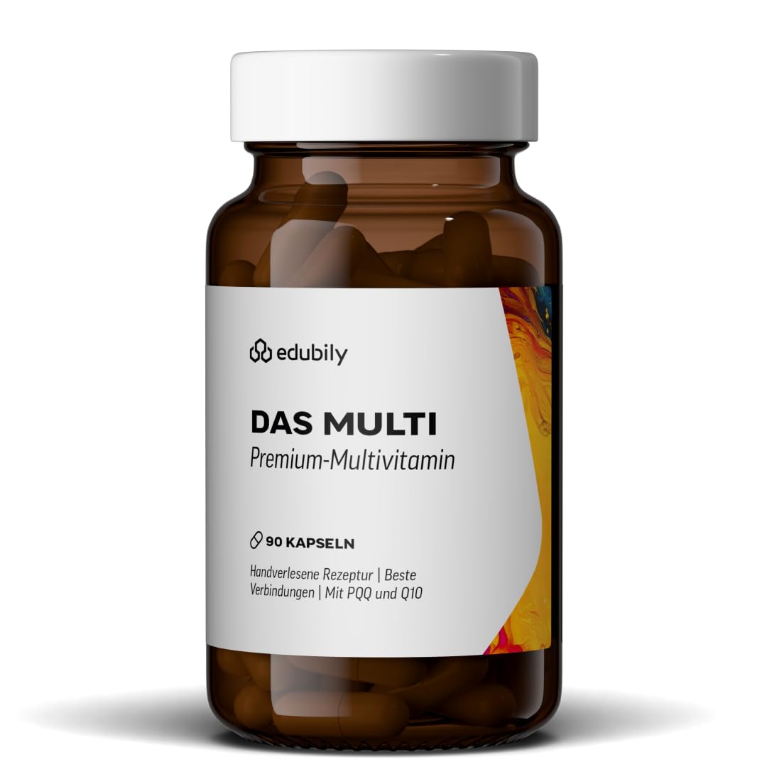 edubily® Das Multi - Multivitamin Kapseln als umfassende Mikronährstoff-Basis - mit 20 Mikronährstoffen, PQQ & Q10 - ohne unnötige Zusätze - 1 Kapsel täglich (90 Kapseln mit Iod)