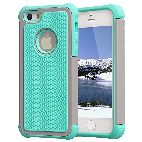 AGRIGLE AB669658 Shock- Absorption/High Impact Resistant Hybrid Dual Layer Armor Defender Full Body Protective Cover Case Compatible with iPhone 5/5S/SE (Teal-Grey)