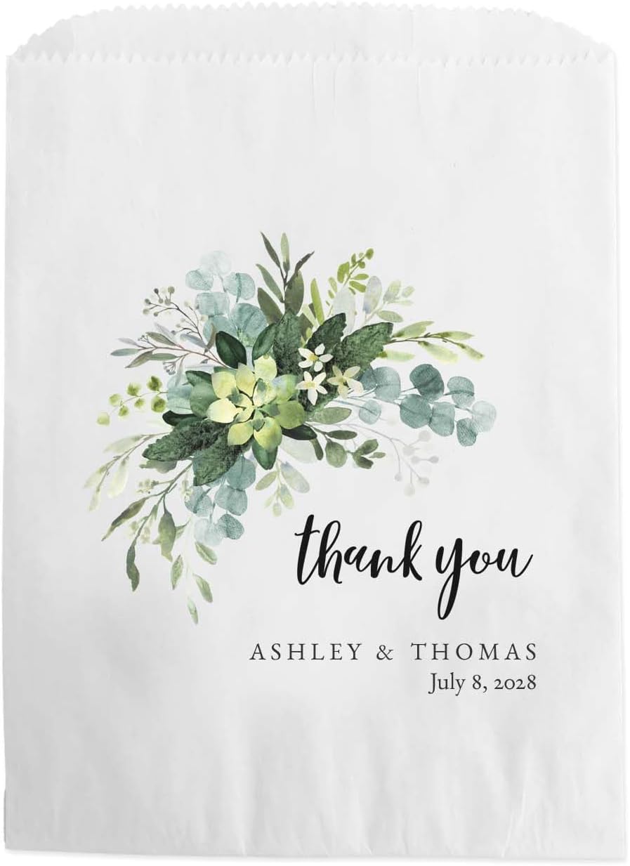 Canopy Street Personalized Lush Greenery Thank You Treat Bags / 50 Custom Event Dessert Bags / 5 3/4" x 8" Watercolor Floral Cookie Holder Wedding Anniversary Favor/Made In The USA