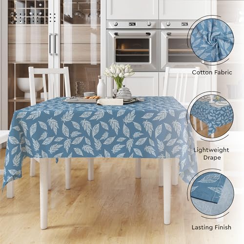 Image of Encasa XO Dining Table Cover Cloth for 4 Seater (57 inchx57 inch) | Cotton Square Dining Table Cloth - Machine Washable Rectangle Tablecover for Wedding, Party, Buffet - Big Leaves Blue