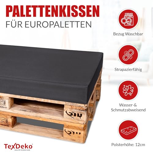 TexDeko® Palettenkissen 120 x 80 x 12cm Wasser-& schmutzabweisend Abnehmbarer Bezug mit Reißverschluss waschbar gepolstertes Sitzkissen für Europalette Palettenpolster (Grau)