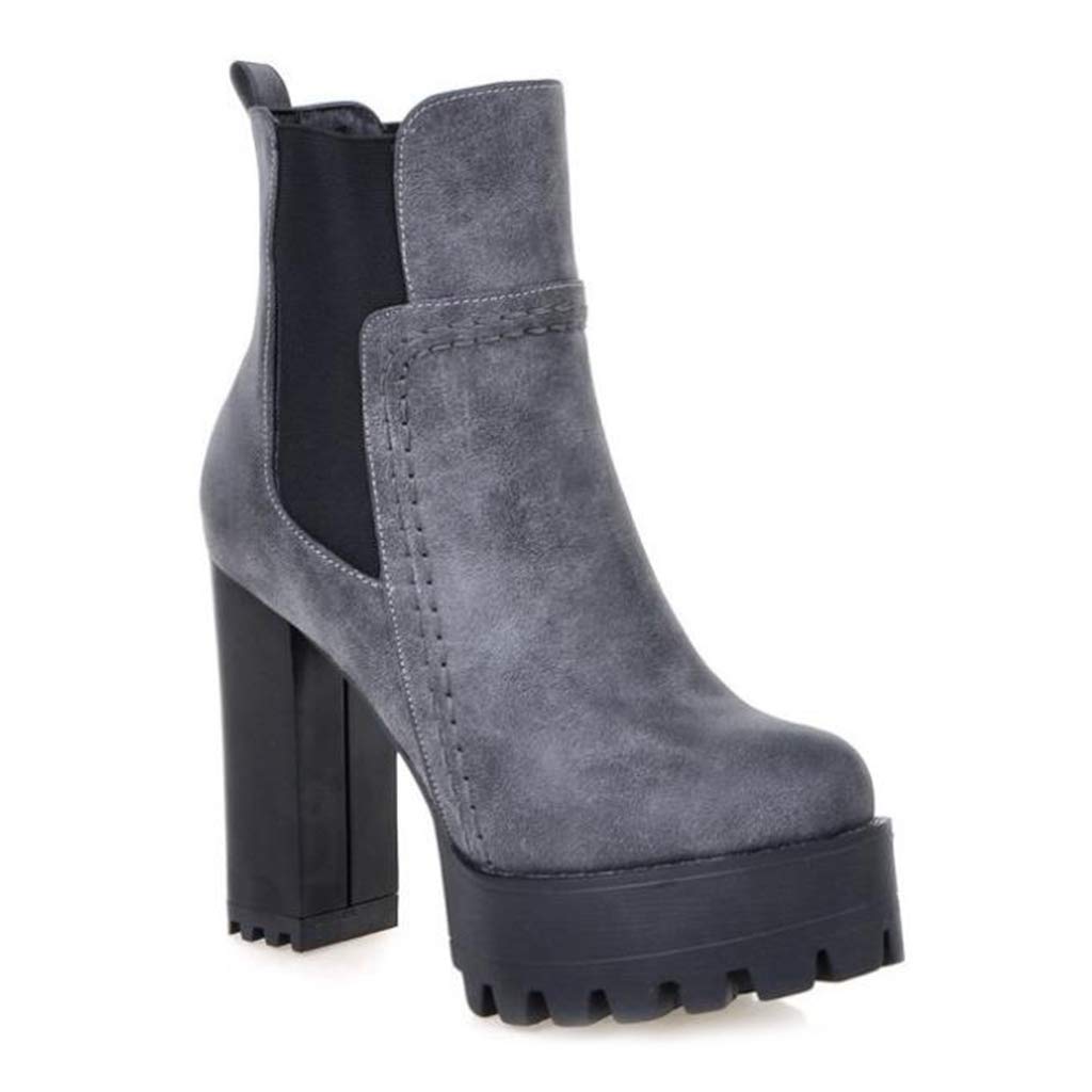 MIOKE Women's Platform High Heeled Ankle Booties Round Toe Chelsea Waterproof Elastic Dressy Short Boots