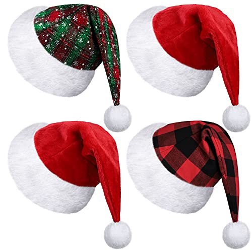 MCEAST 4 Pack Christmas Hats Plaid Santa Hats Snowflake Santa Hats Unisex Christmas Hats for Christmas Party Favors and Holiday Supplies