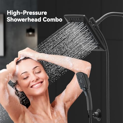 Image of ELLO&ALLO Rain Shower Head with Handheld Spray, Rainfall Shower Head Combo with 60 inch Hose, Adjustable Dual Showerhead Set with 3-Way Diverter, Matte Black