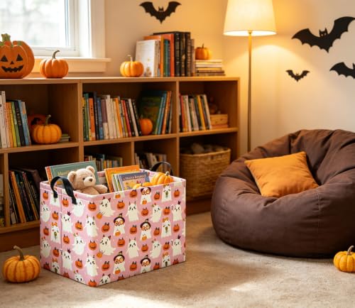 Image of Halloween Basket Cute Baskets for Kids Pumpkin Basket Rectangular Storage Bin Organizer Box Room Decor(Pink Pumpkin Ghost)