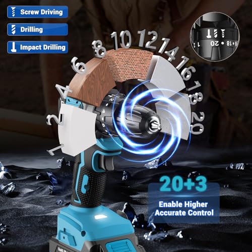 Image of LEEIKOO Cordless Drill Driver 21V, Brushless Cordless Hammer Drill with 2 Batteries 2000mAh, 20+3 Torque, 45N.m Max Combi Drills, LED Light, 2 Speed, 14PCS for Home and Garden DIY Project