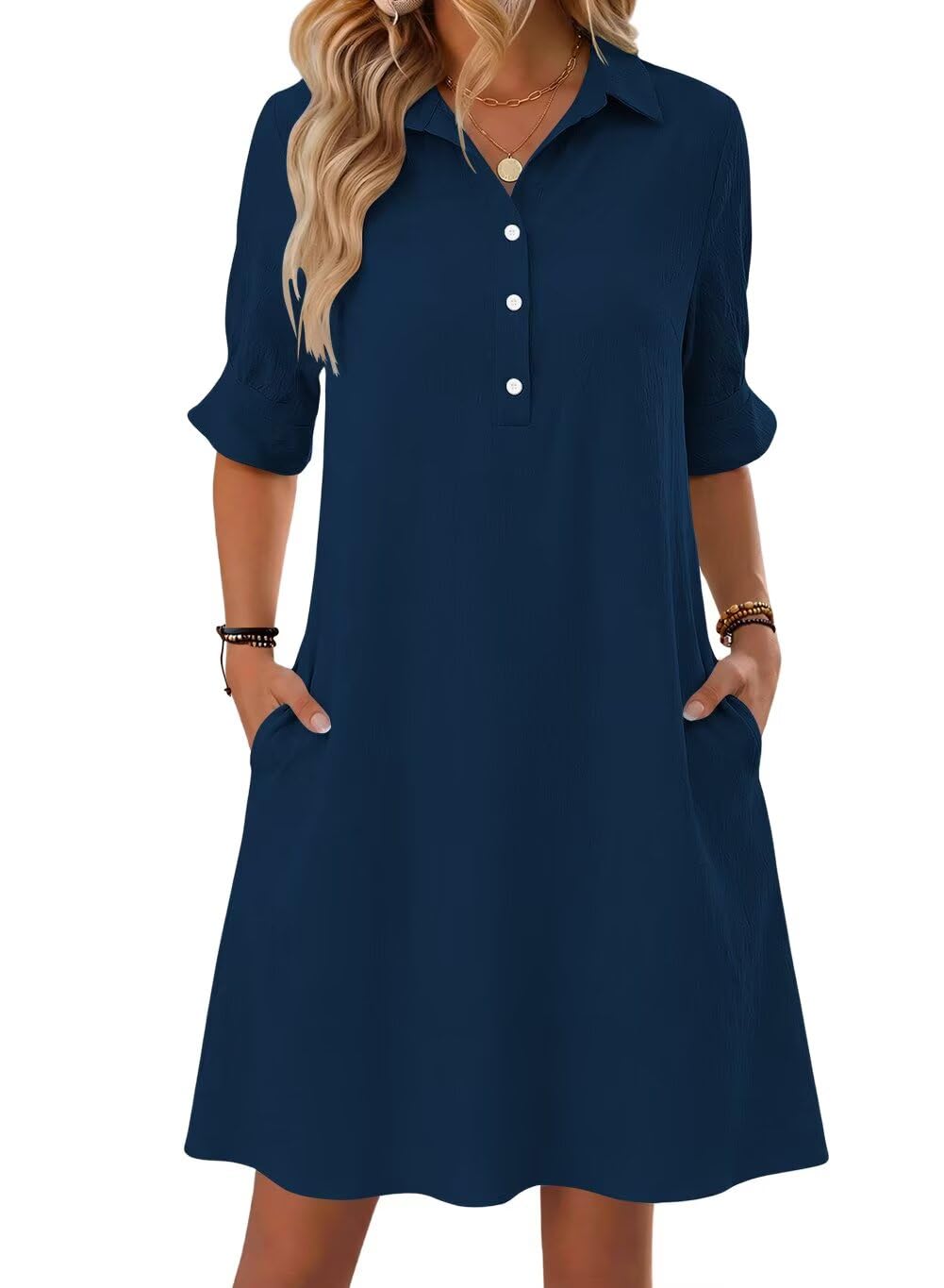 FEKOAFE Womens Casual Dress V Neck Short Sleeve Shift Dresses with Pockets