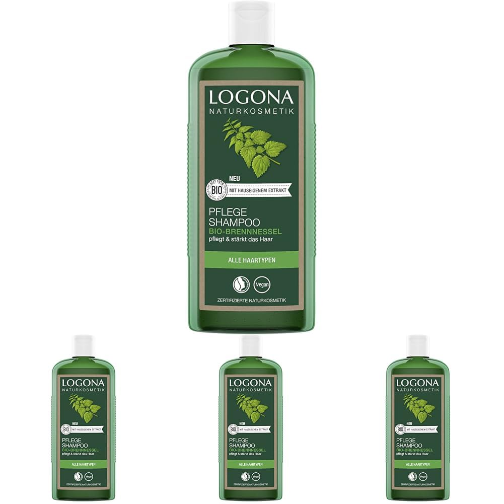 LOGONA Naturkosmetik Pflegendes Shampoo für natürlich gesundes Haar, Geeignet für alle Haartypen, Haarshampoo mit veganer Formel aus Bio Brennnessel, 1 x 500 ml (Packung mit 4)